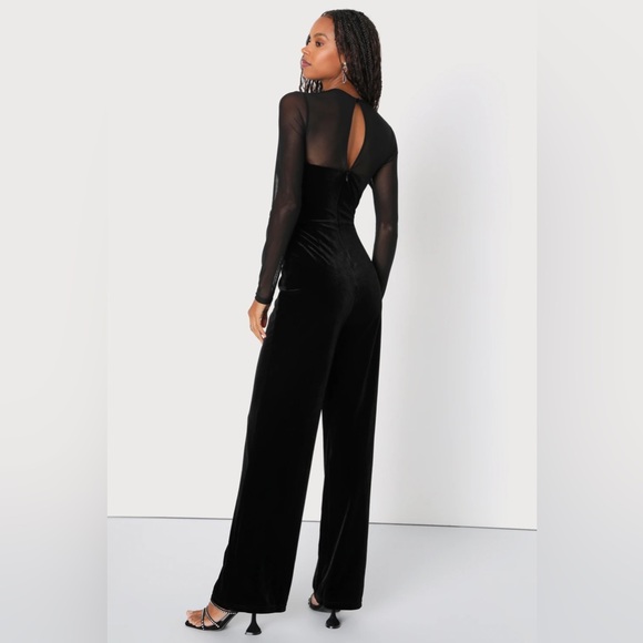 Black jumpsuit  Black Mesh Velvet Cutout Long Sleeve Jumpsuit Sz M.         NWOT - Picture 3 of 5
